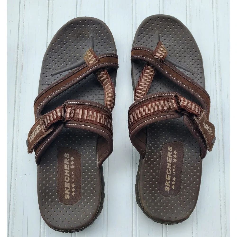 Skechers Reggae Brown Strappy Toe Loop Sandals Womens Size 9 Hiking Slides